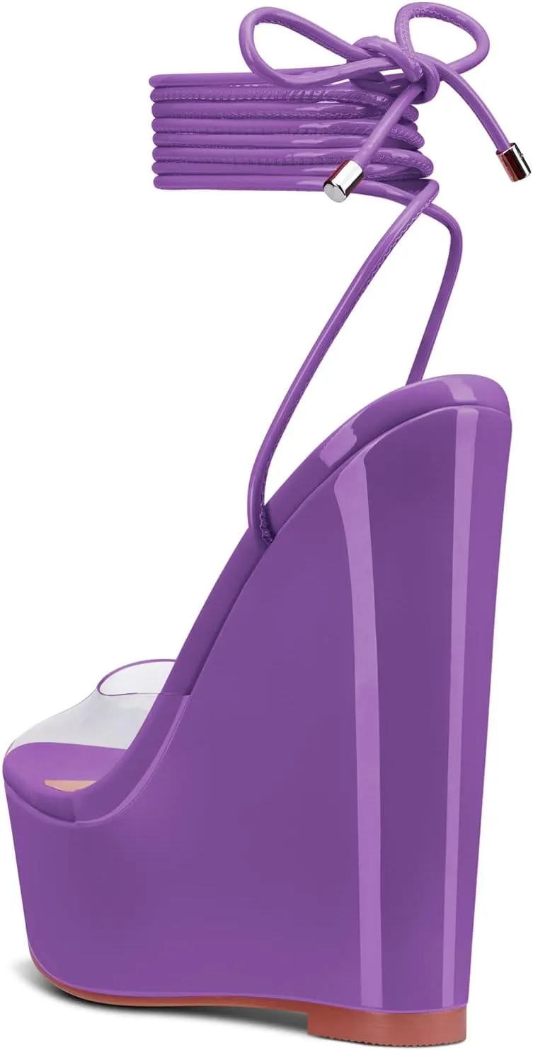 Castamere Womens High Wedge Platform Heel Peep Open Toe Ankle Strap Sandals Lace Wedding Clear Dress Shoes 5.9 Inches Heels