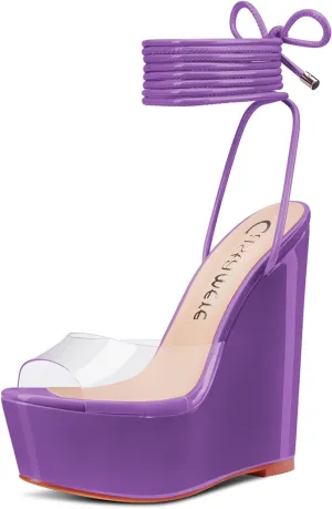 Castamere Womens High Wedge Platform Heel Peep Open Toe Ankle Strap Sandals Lace Wedding Clear Dress Shoes 5.9 Inches Heels