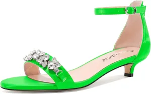 Castamere Womens Low Kitten Heel Open Toe Sandals Ankle Strap Rhinestone Crystal Wedding Dress Satin 1.2 Inches Heels