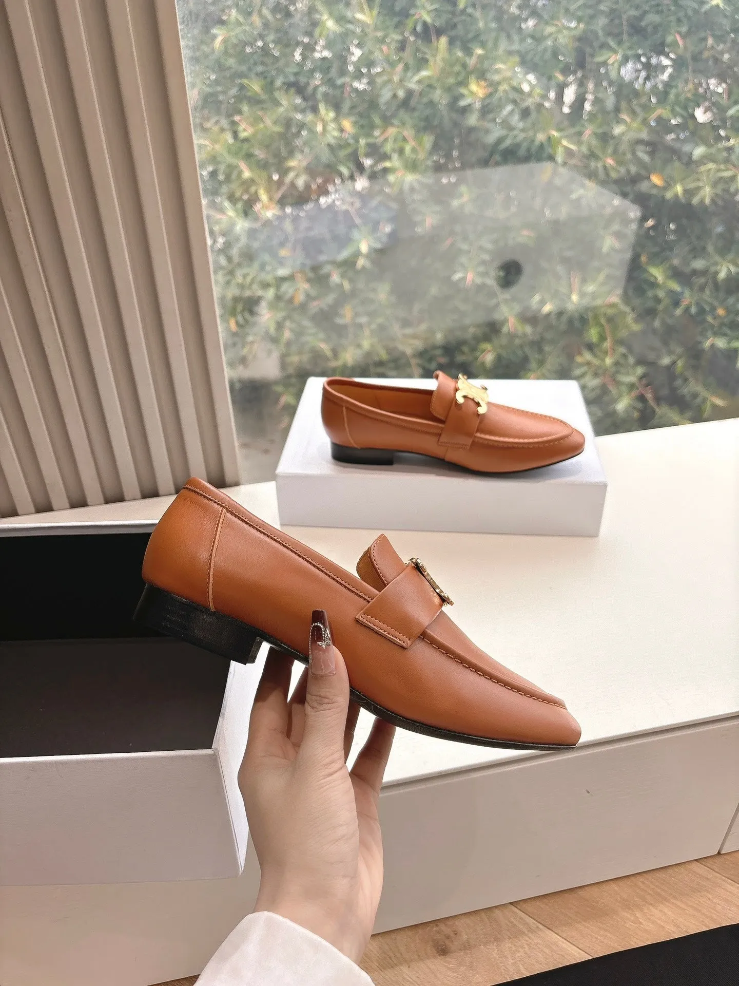 CELINE Buckle Triomphe Loafers Golden Leather