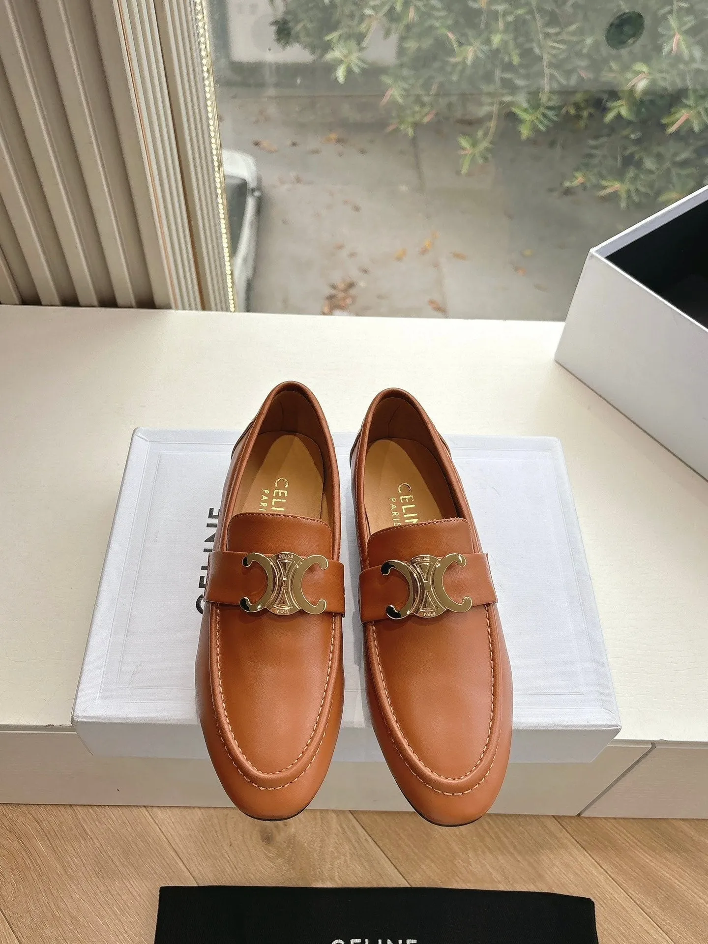 CELINE Buckle Triomphe Loafers Golden Leather