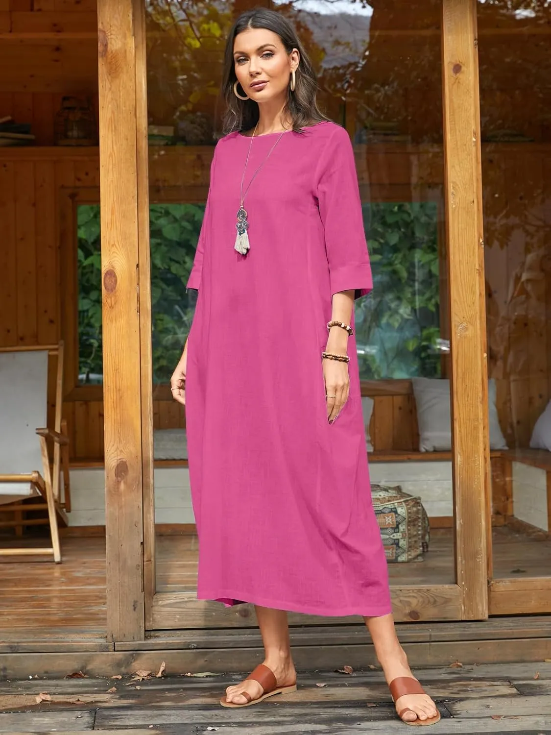 Celmia Autumn Solid Loose Long Maxi Dress Cotton Caftan