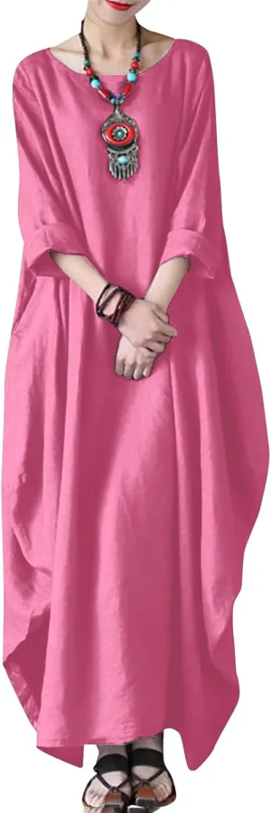 Celmia Autumn Solid Loose Long Maxi Dress Cotton Caftan