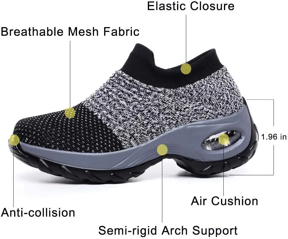 CERYTHRINA Women's Walking Shoes Sock Sneakers Mesh Slip On Air Cushion Toning Rocker Shoes Platform Loafers