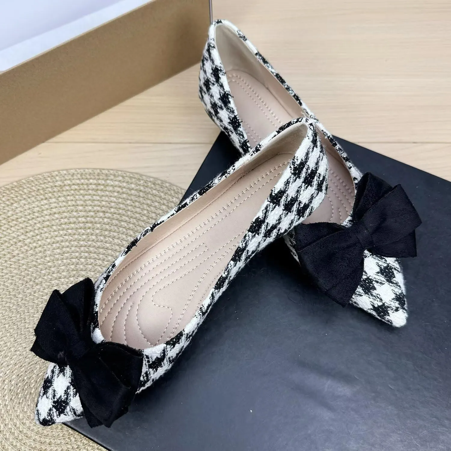 ChaiRong Zhou Women's Houndstooth Pointed Toe Flats Shoes Cute Bow Comfortable Dress Ballet Flats