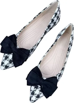 ChaiRong Zhou Women's Houndstooth Pointed Toe Flats Shoes Cute Bow Comfortable Dress Ballet Flats