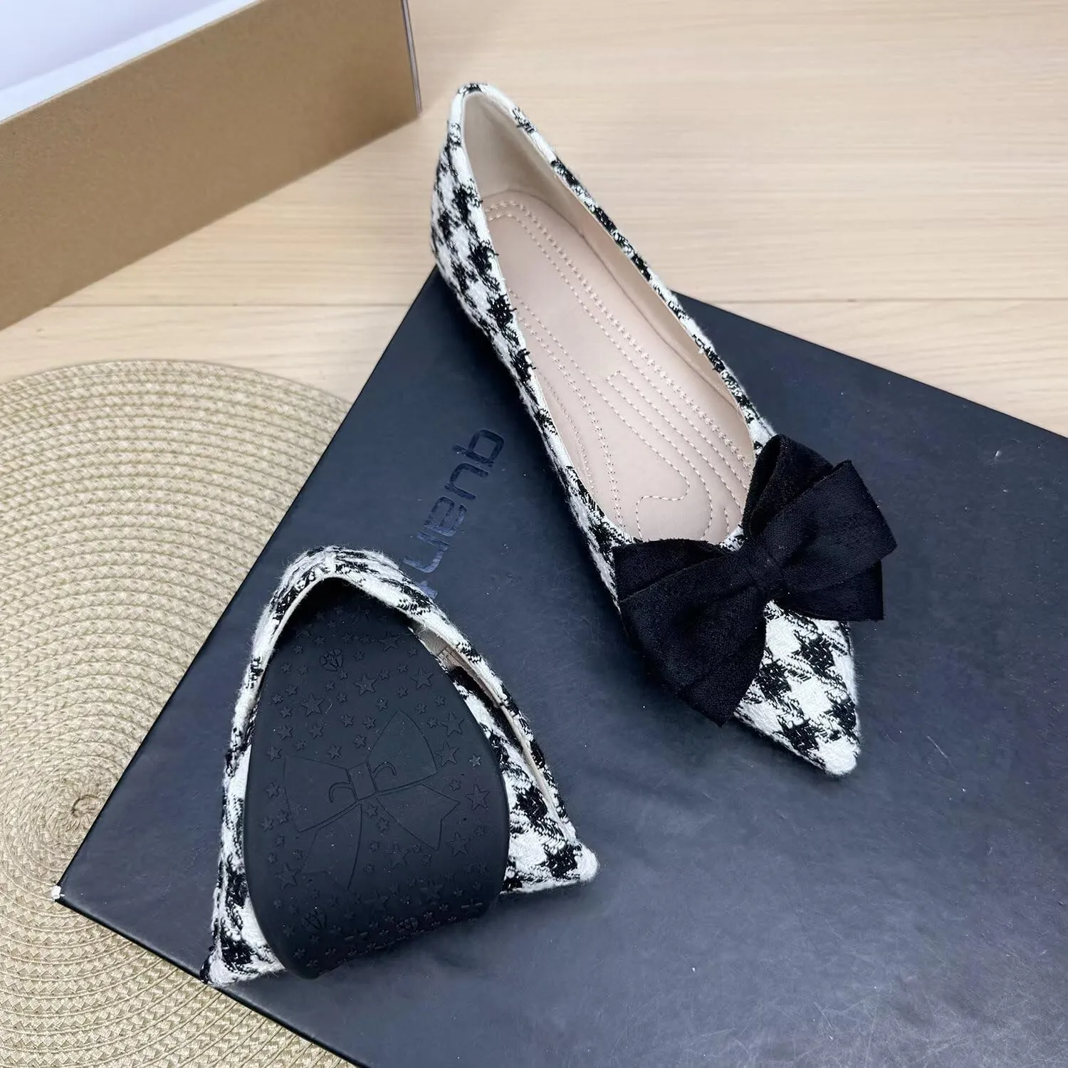ChaiRong Zhou Women's Houndstooth Pointed Toe Flats Shoes Cute Bow Comfortable Dress Ballet Flats