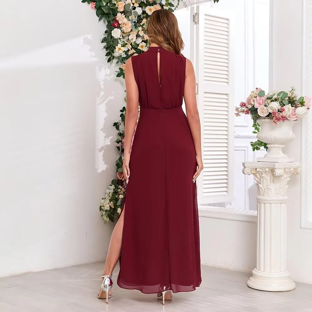 Chiffon Bridesmaid Dress 2025 Mock Neck Sleevless Long Formal Party Dress with Slit LA051