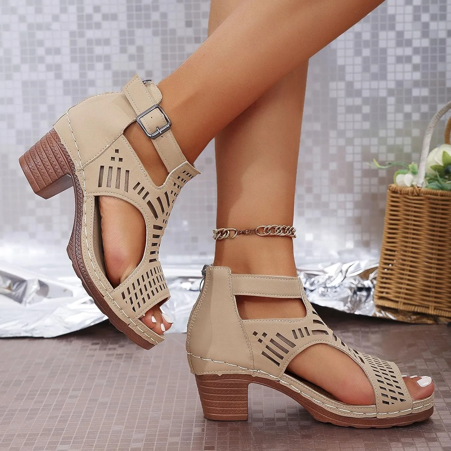 Chunky Heeled Sandals for Womens Bohemian Cutout Open Toe Hollow Ankle Buckle Block Heeled Sandals Casual Summer High Heel Peep Toe Adjustable Strap Sandal Lightweight Dressy Elegant Wedding Sandal