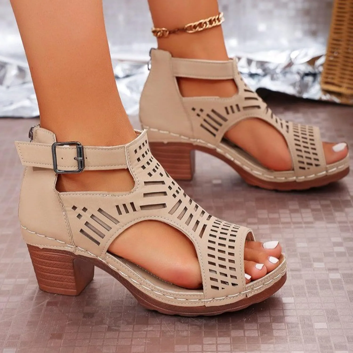 Chunky Heeled Sandals for Womens Bohemian Cutout Open Toe Hollow Ankle Buckle Block Heeled Sandals Casual Summer High Heel Peep Toe Adjustable Strap Sandal Lightweight Dressy Elegant Wedding Sandal