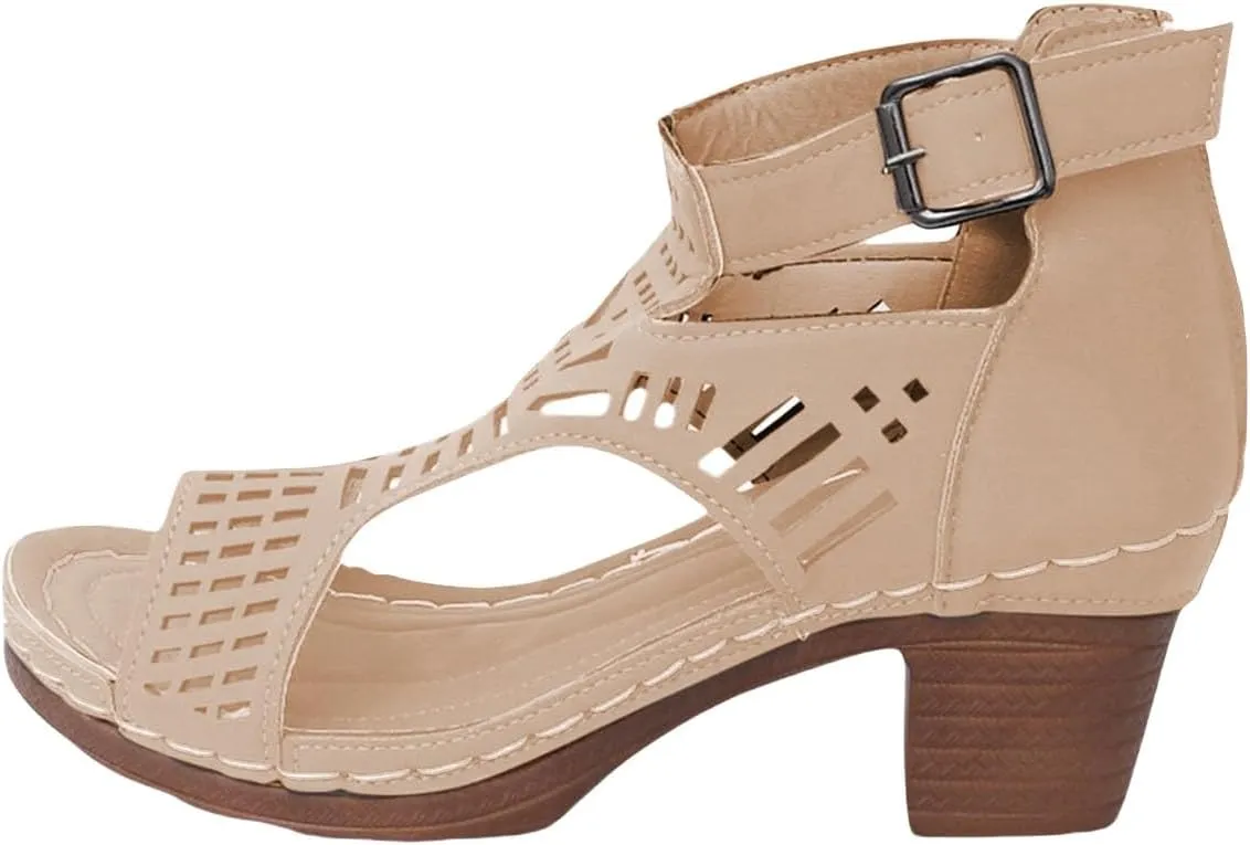 Chunky Heeled Sandals for Womens Bohemian Cutout Open Toe Hollow Ankle Buckle Block Heeled Sandals Casual Summer High Heel Peep Toe Adjustable Strap Sandal Lightweight Dressy Elegant Wedding Sandal