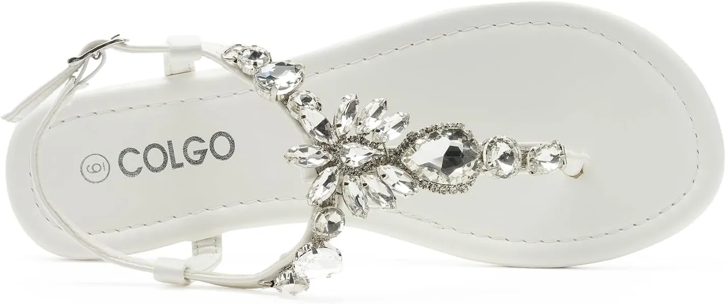 Colgo Women's T-Strap Flat Sandals, Elegant Glitter Rhinestone Thong Dress Shoes, Comfortable Wedding Sandals for Summer Beach Parties