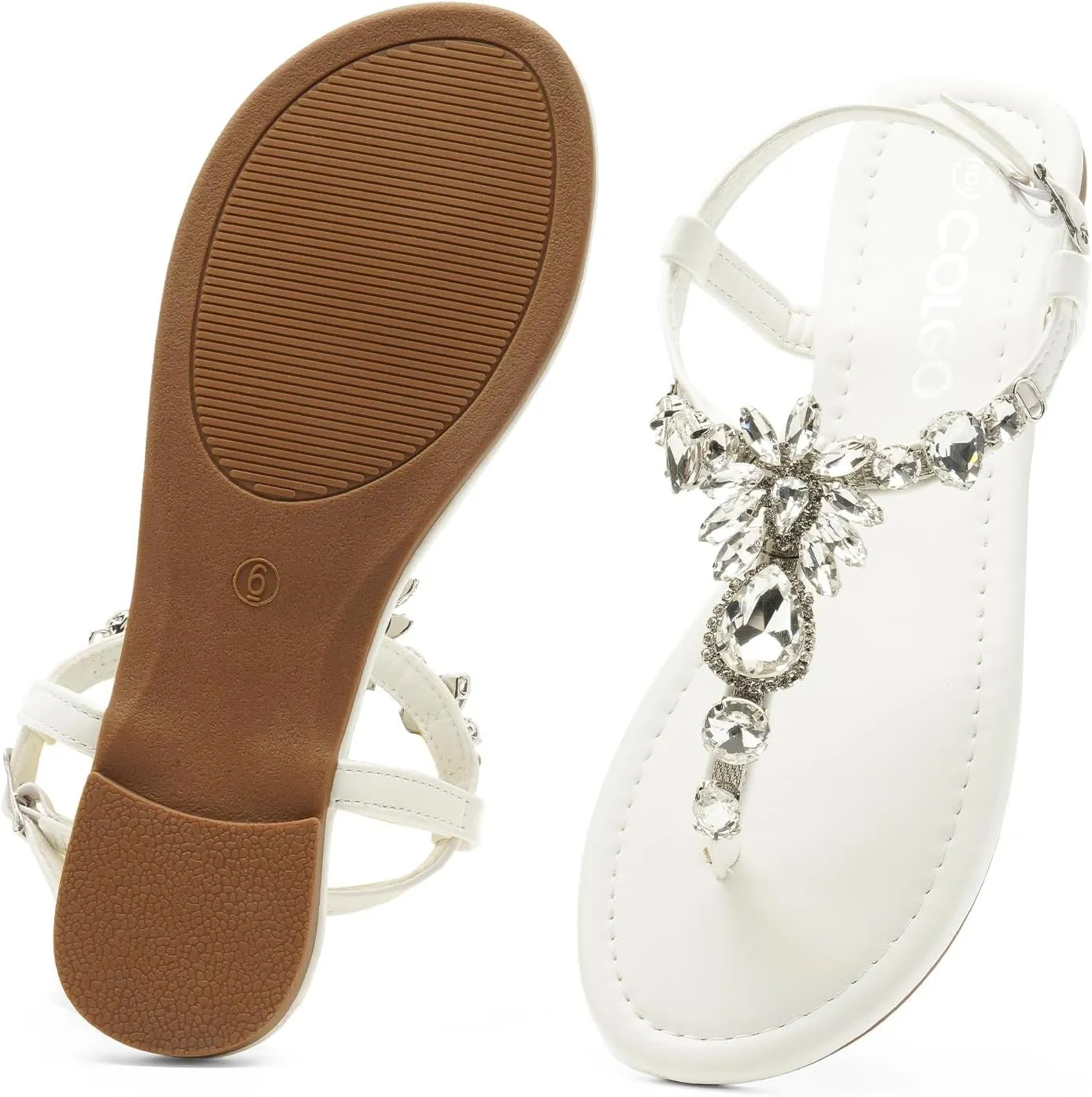Colgo Women's T-Strap Flat Sandals, Elegant Glitter Rhinestone Thong Dress Shoes, Comfortable Wedding Sandals for Summer Beach Parties