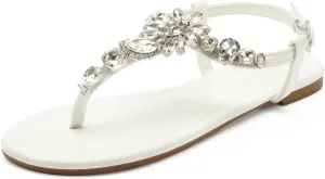 Colgo Women's T-Strap Flat Sandals, Elegant Glitter Rhinestone Thong Dress Shoes, Comfortable Wedding Sandals for Summer Beach Parties