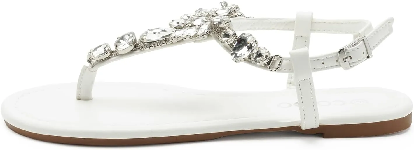 Colgo Women's T-Strap Flat Sandals, Elegant Glitter Rhinestone Thong Dress Shoes, Comfortable Wedding Sandals for Summer Beach Parties