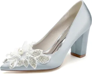Comfortable Pump Sandals, Chunky High Heels Satin Bridal Shoes with Satin With Embroidery Lace Flower Pointed Toe Wdding Shoes for Women