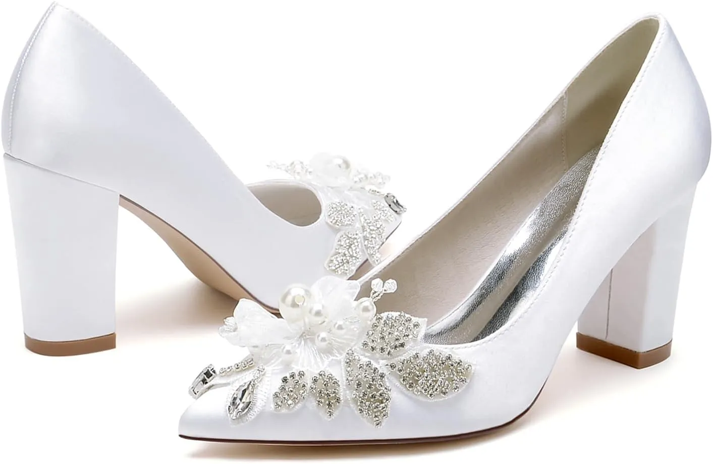 Comfortable Pump Sandals, Chunky High Heels Satin Bridal Shoes with Satin With Embroidery Lace Flower Pointed Toe Wdding Shoes for Women