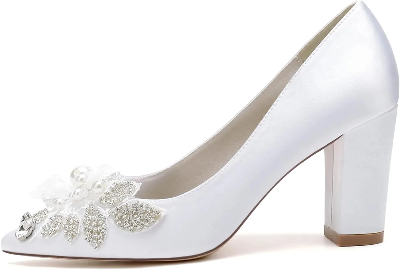 Comfortable Pump Sandals, Chunky High Heels Satin Bridal Shoes with Satin With Embroidery Lace Flower Pointed Toe Wdding Shoes for Women
