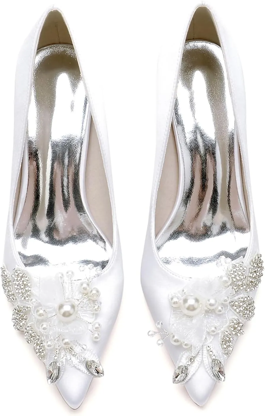 Comfortable Pump Sandals, Chunky High Heels Satin Bridal Shoes with Satin With Embroidery Lace Flower Pointed Toe Wdding Shoes for Women