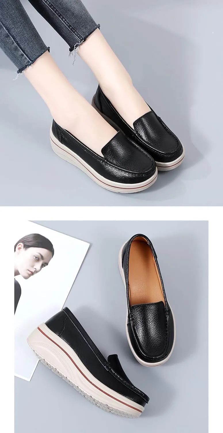 Comfortable Women's Platform Loafers - Closed Toe Slip on Shoes for Casual Style