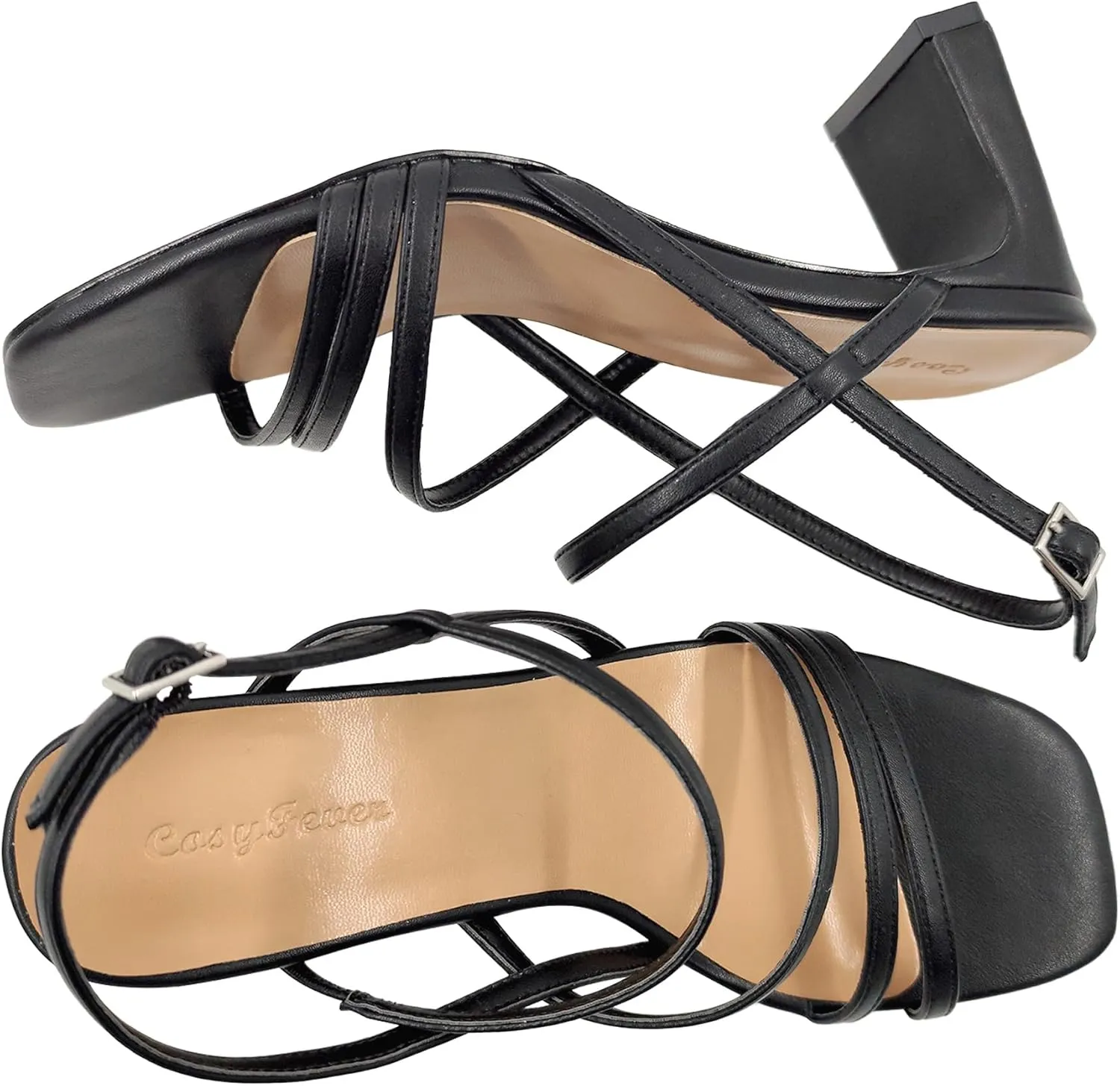 CosyFever Womens Strappy Heeled Sandals 3 Inches Chunky Block Heel Square Toe Buckle Dressy Shoes for Party Work Casual