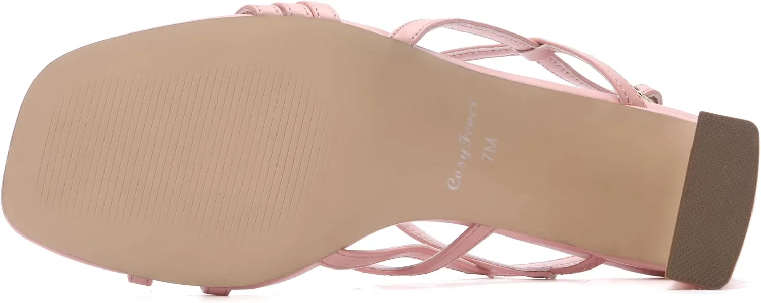 CosyFever Womens Strappy Heeled Sandals 3 Inches Chunky Block Heel Square Toe Buckle Dressy Shoes for Party Work Casual