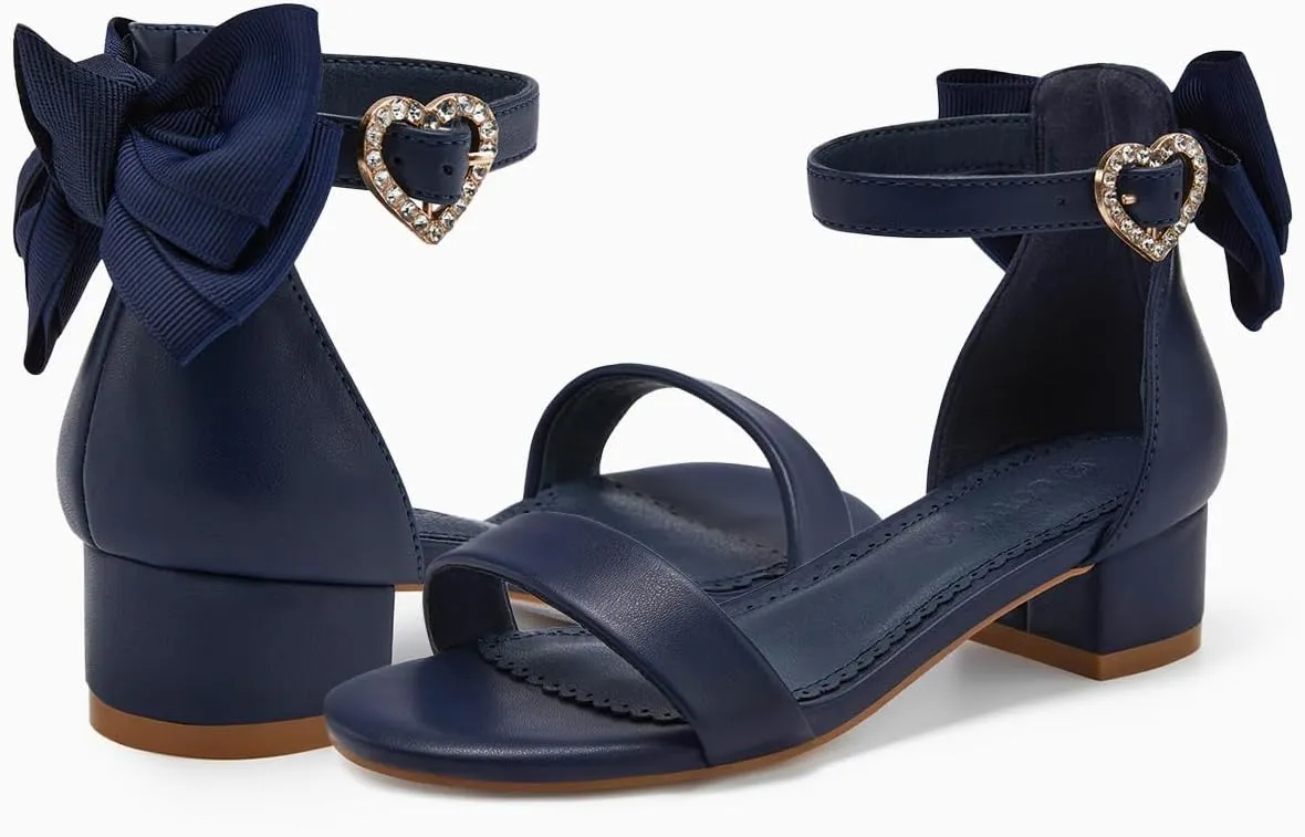 Coutgo Girl's Bow Tie Heeled Sandals Open Toe Chunky Low Heel Rhinestone Princess Dress Shoes