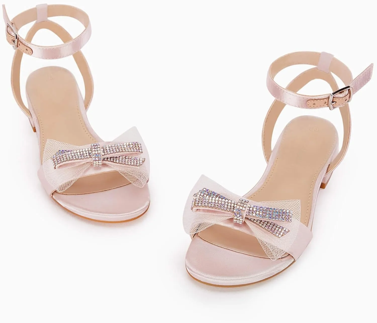 Coutgo Girls Low Heel Sandals Open Toe Rhinestone Ankle Strap Flower Wedding Dress Shoes Little Big Kids