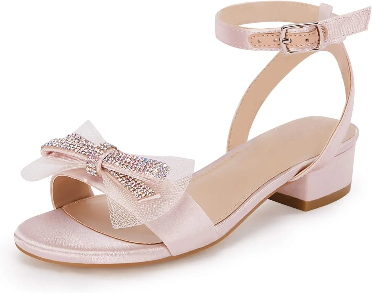 Coutgo Girls Low Heel Sandals Open Toe Rhinestone Ankle Strap Flower Wedding Dress Shoes Little Big Kids