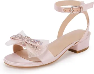 Coutgo Girls Low Heel Sandals Open Toe Rhinestone Ankle Strap Flower Wedding Dress Shoes Little Big Kids