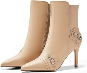 Coutgo Womens High Heel Ankle Boots Pointed Toe Sexy Stiletto Studded Y2K Motorcycle Zipper Booties Fall Shoes