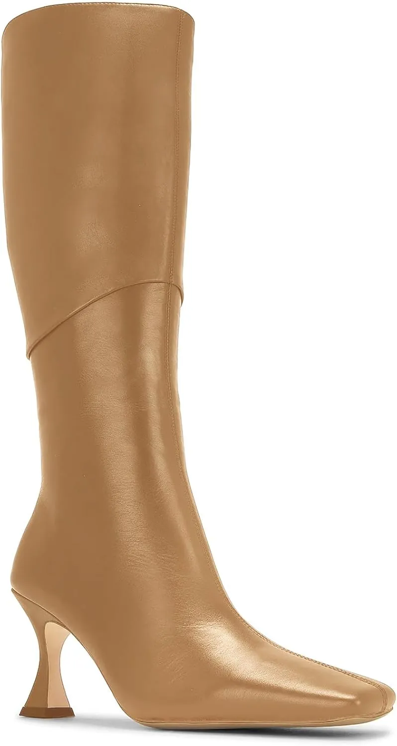 Coutgo Womens Kitten Heel Knee High Boots Wide Calf Square Toe Leather Boot Shoes with Zipper