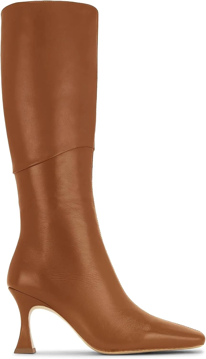Coutgo Womens Kitten Heel Knee High Boots Wide Calf Square Toe Leather Boot Shoes with Zipper