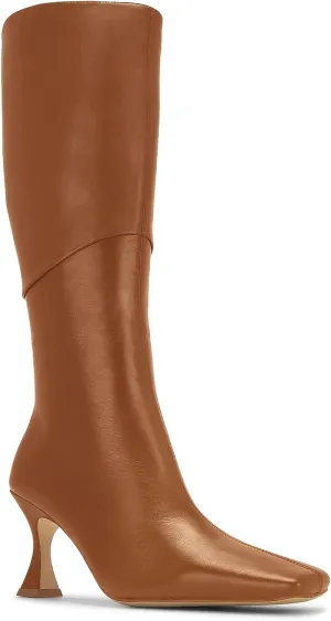Coutgo Womens Kitten Heel Knee High Boots Wide Calf Square Toe Leather Boot Shoes with Zipper