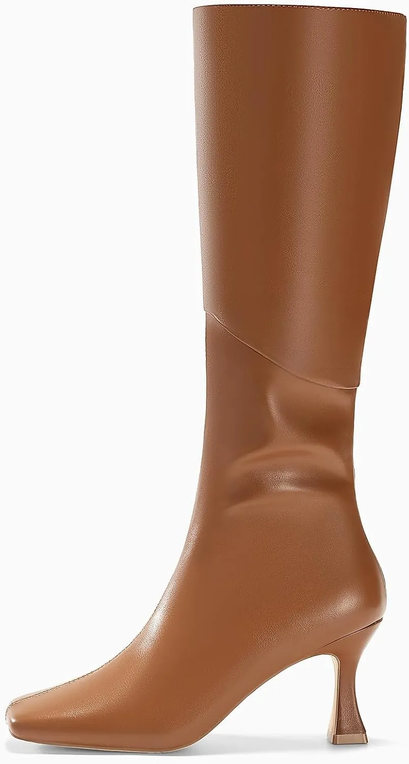 Coutgo Womens Kitten Heel Knee High Boots Wide Calf Square Toe Leather Boot Shoes with Zipper