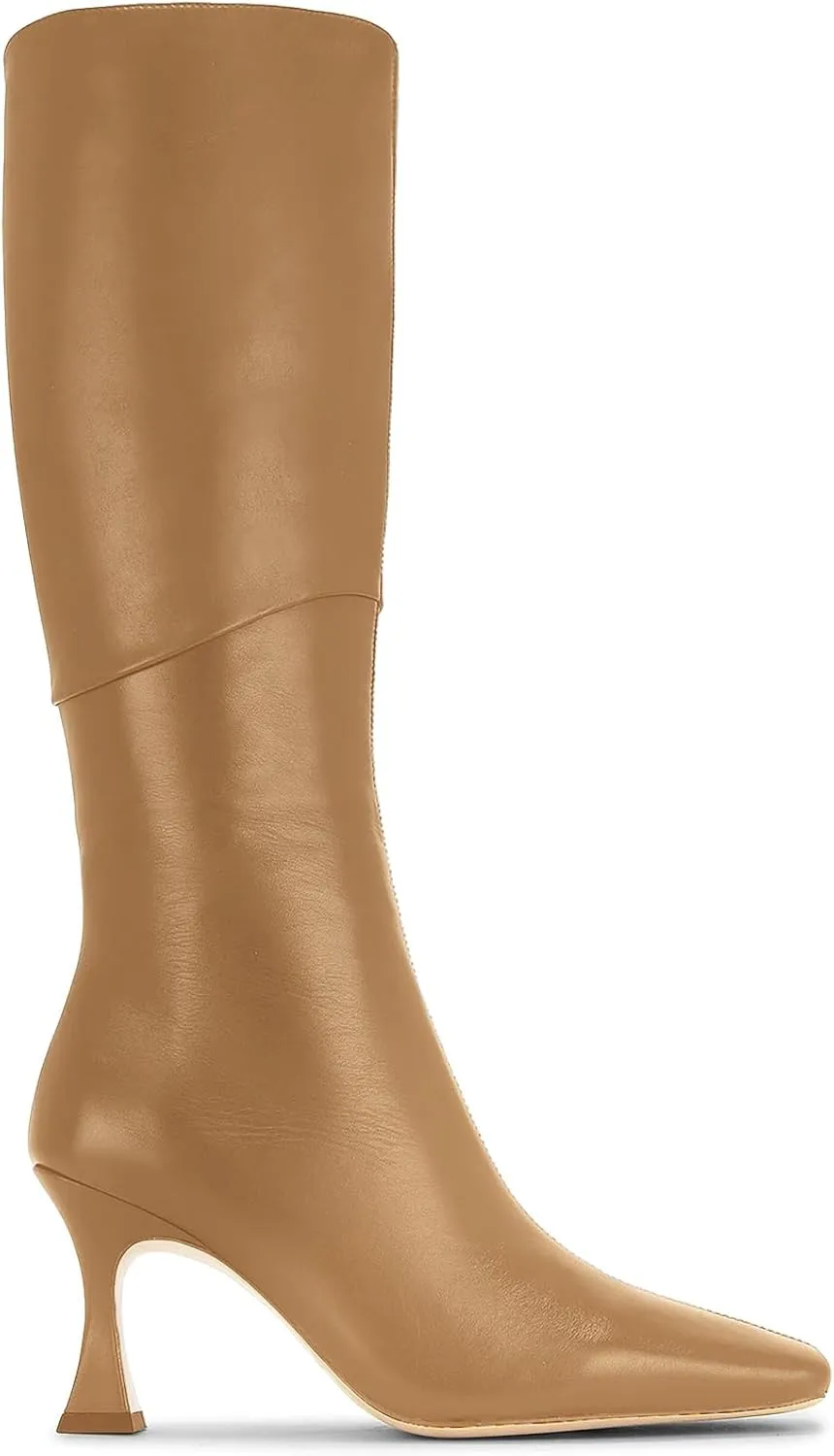 Coutgo Womens Kitten Heel Knee High Boots Wide Calf Square Toe Leather Boot Shoes with Zipper