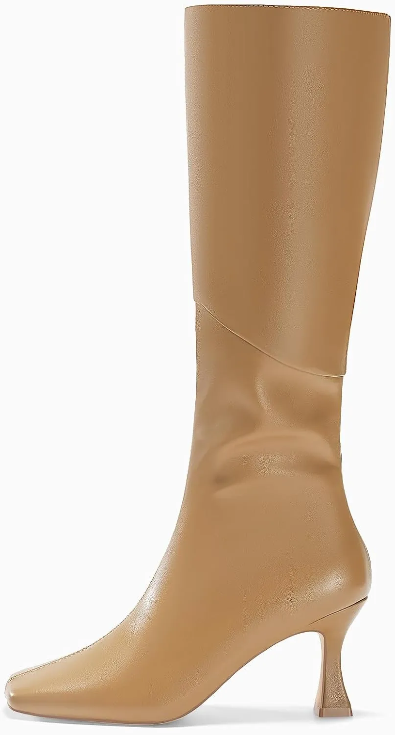 Coutgo Womens Kitten Heel Knee High Boots Wide Calf Square Toe Leather Boot Shoes with Zipper