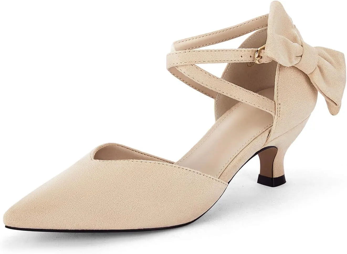 Coutgo Womens Low Kitten Heel Bow Heels Dress Shoes Closed Pointed Toe Ankle Strap Elegant Wedding Party Pumps