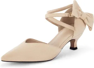 Coutgo Womens Low Kitten Heel Bow Heels Dress Shoes Closed Pointed Toe Ankle Strap Elegant Wedding Party Pumps