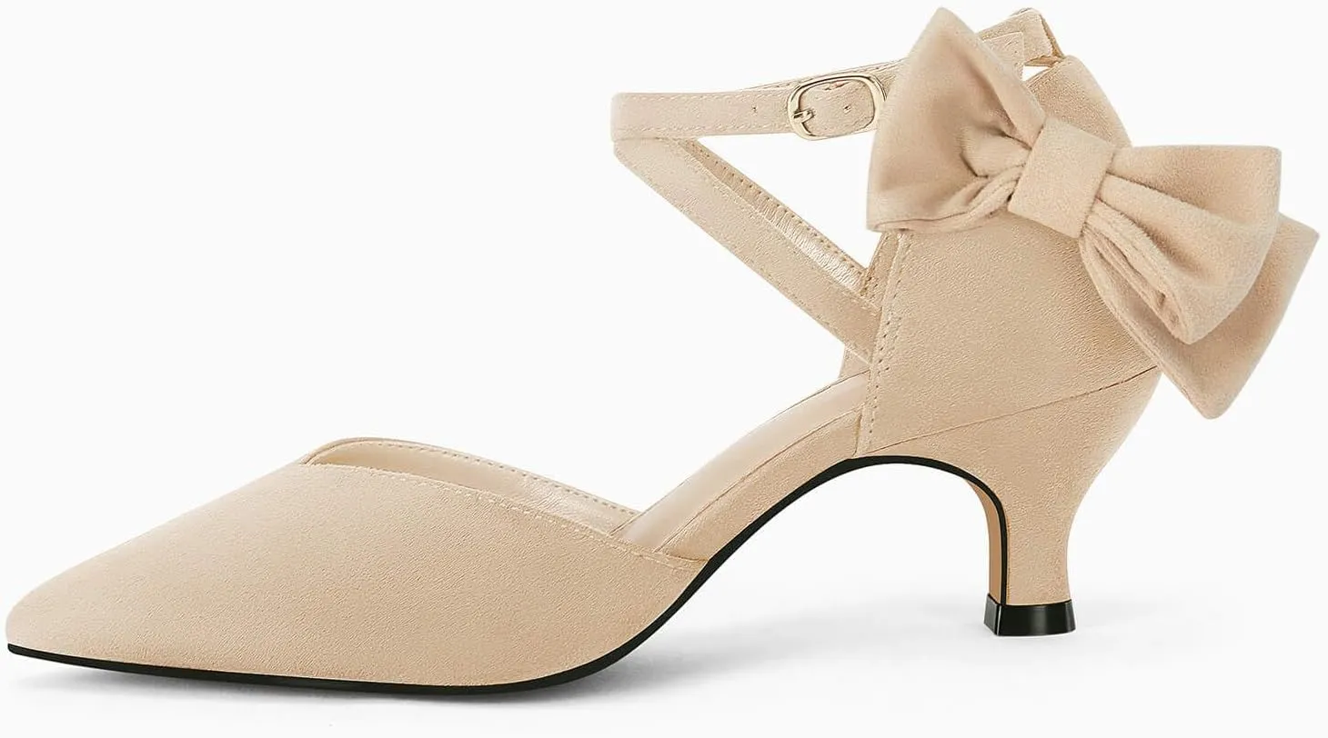 Coutgo Womens Low Kitten Heel Bow Heels Dress Shoes Closed Pointed Toe Ankle Strap Elegant Wedding Party Pumps