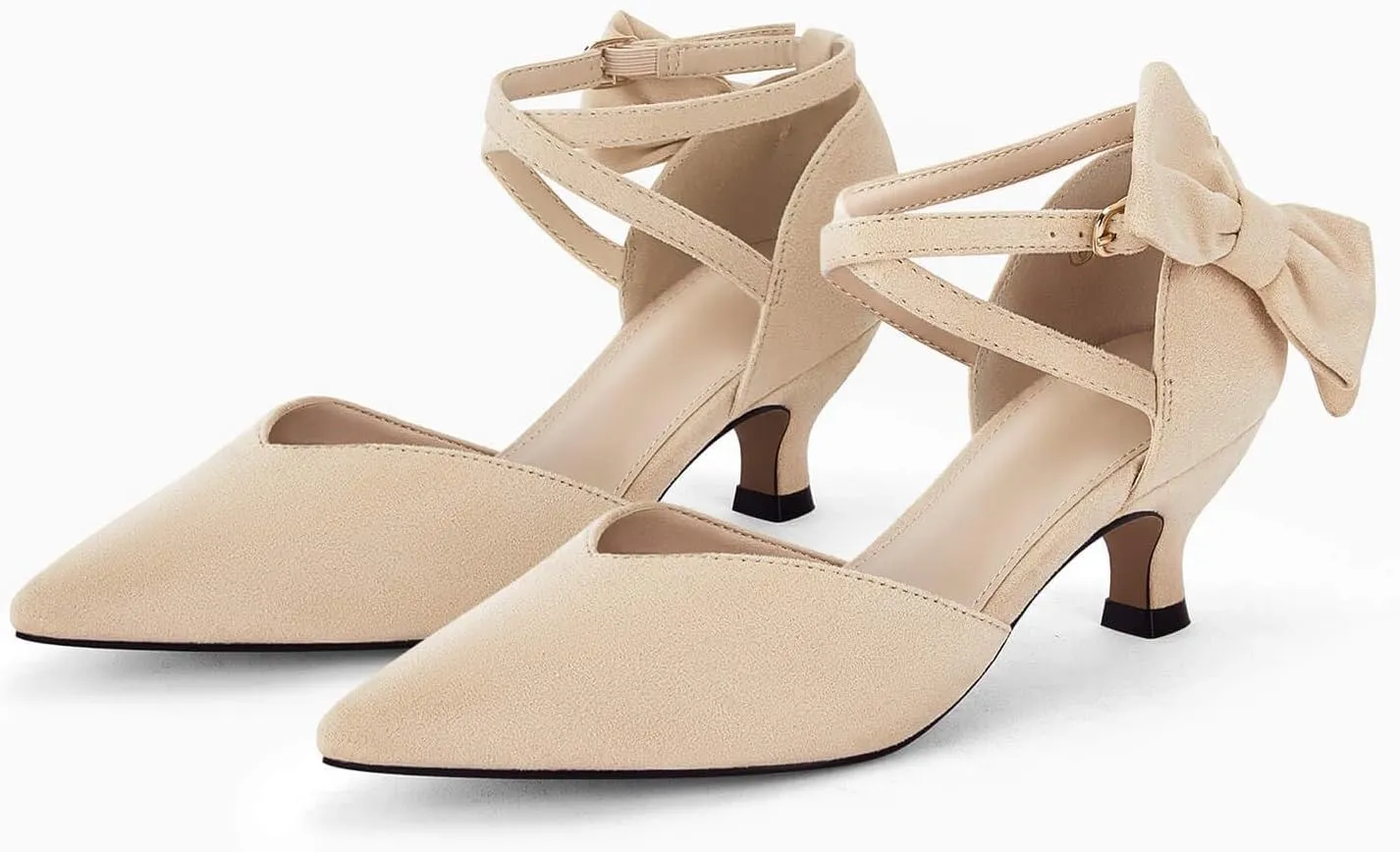 Coutgo Womens Low Kitten Heel Bow Heels Dress Shoes Closed Pointed Toe Ankle Strap Elegant Wedding Party Pumps