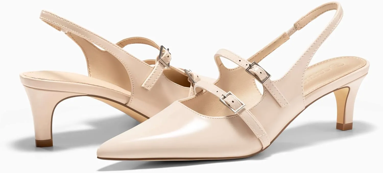 Coutgo Womens Slingback Kitten Heels Mary Jane Pumps Closed Pointed Toe Buckle Strap Wedding Dress Shoes