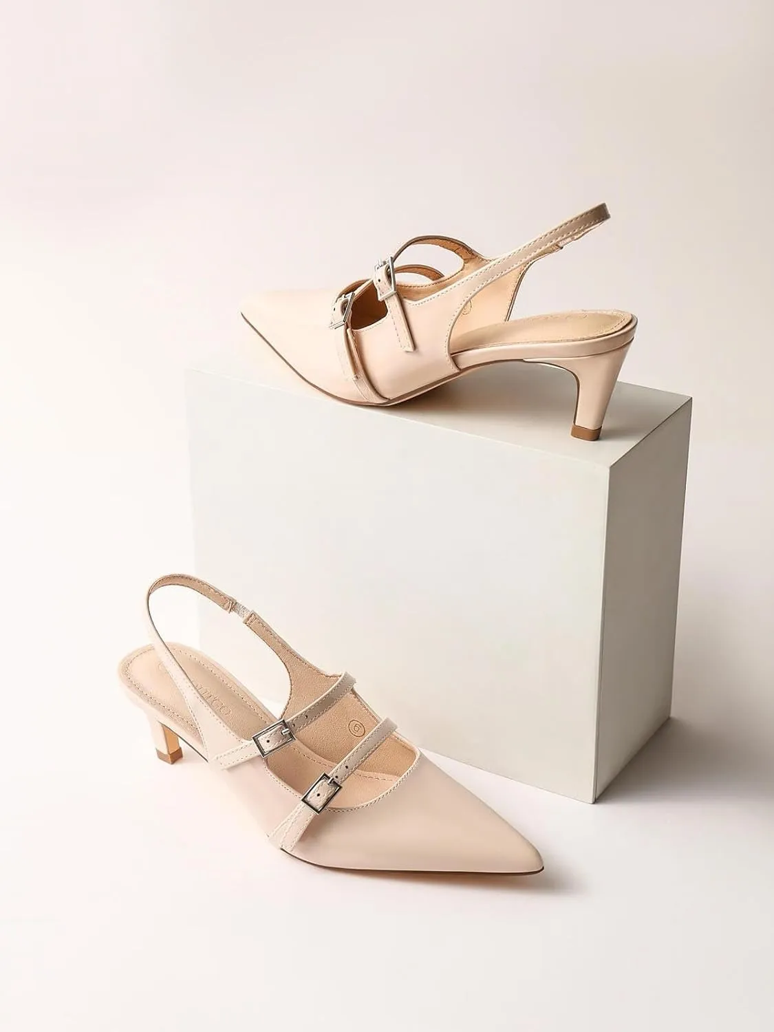 Coutgo Womens Slingback Kitten Heels Mary Jane Pumps Closed Pointed Toe Buckle Strap Wedding Dress Shoes