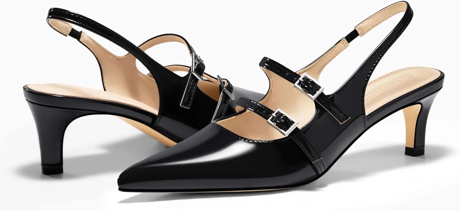 Coutgo Womens Slingback Kitten Heels Mary Jane Pumps Closed Pointed Toe Buckle Strap Wedding Dress Shoes
