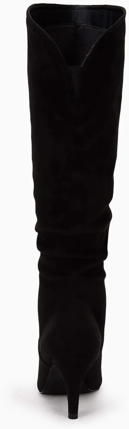 Coutgo Womens Slouchy Knee High Boots Wide Calf Kitten Heel Pointed Toe Pull On Long Boots Winter Shoes