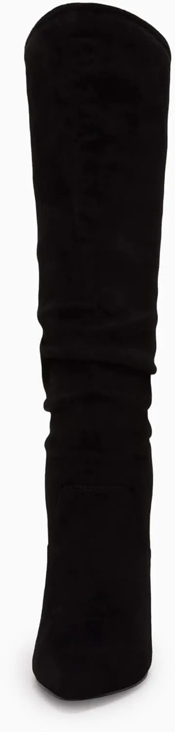Coutgo Womens Slouchy Knee High Boots Wide Calf Kitten Heel Pointed Toe Pull On Long Boots Winter Shoes