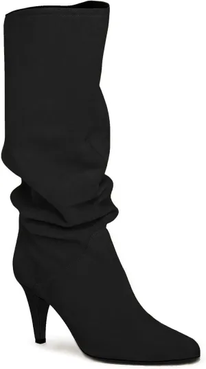 Coutgo Womens Slouchy Knee High Boots Wide Calf Kitten Heel Pointed Toe Pull On Long Boots Winter Shoes