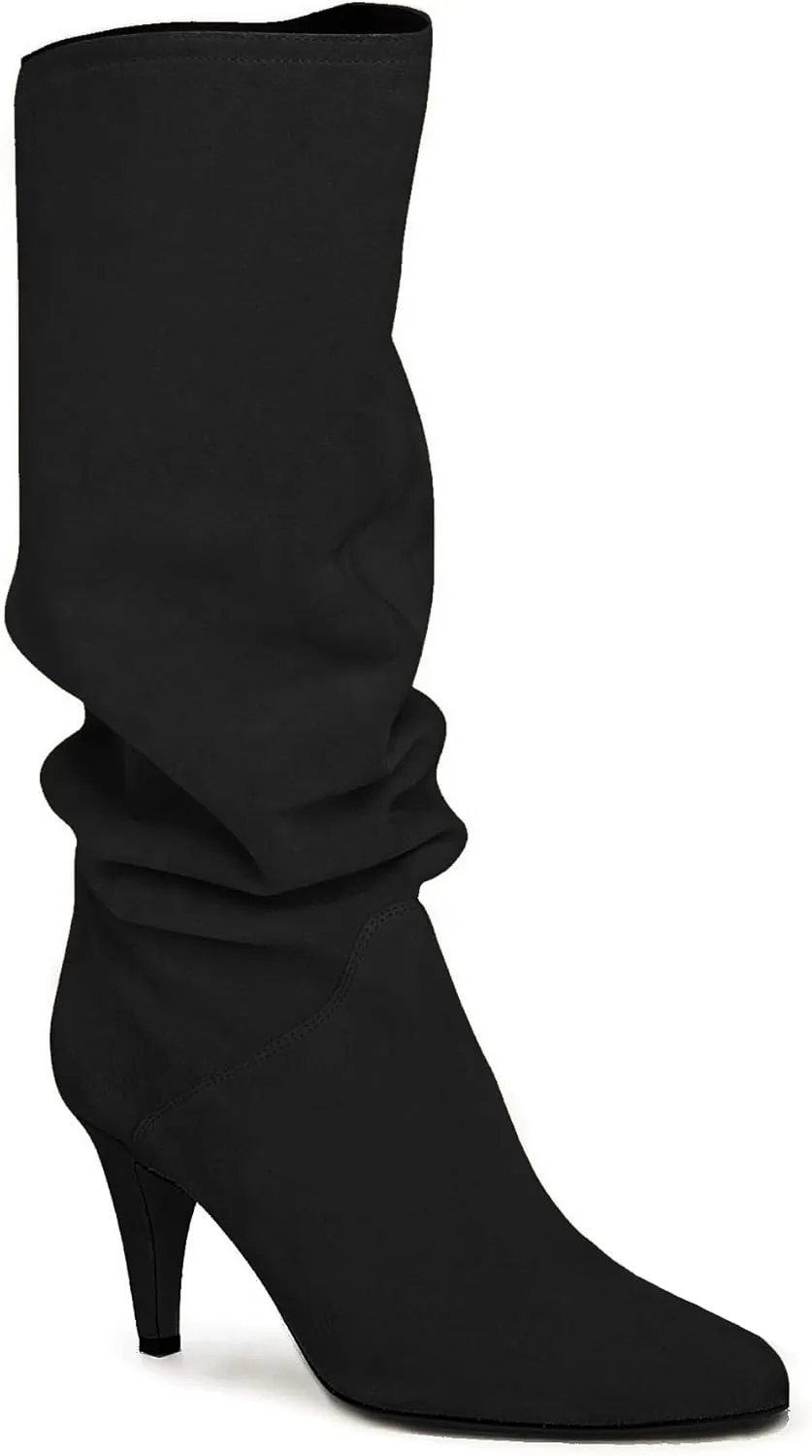 Coutgo Womens Slouchy Knee High Boots Wide Calf Kitten Heel Pointed Toe Pull On Long Boots Winter Shoes