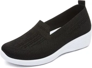 Crepuscute Women's Knitted Mesh Round Toe Low Wedge Loafers Slip On Lightweight Thicken Memory Foam Shoes Comfortable Non-Slip Soft Bottom Casual Walking Shoes