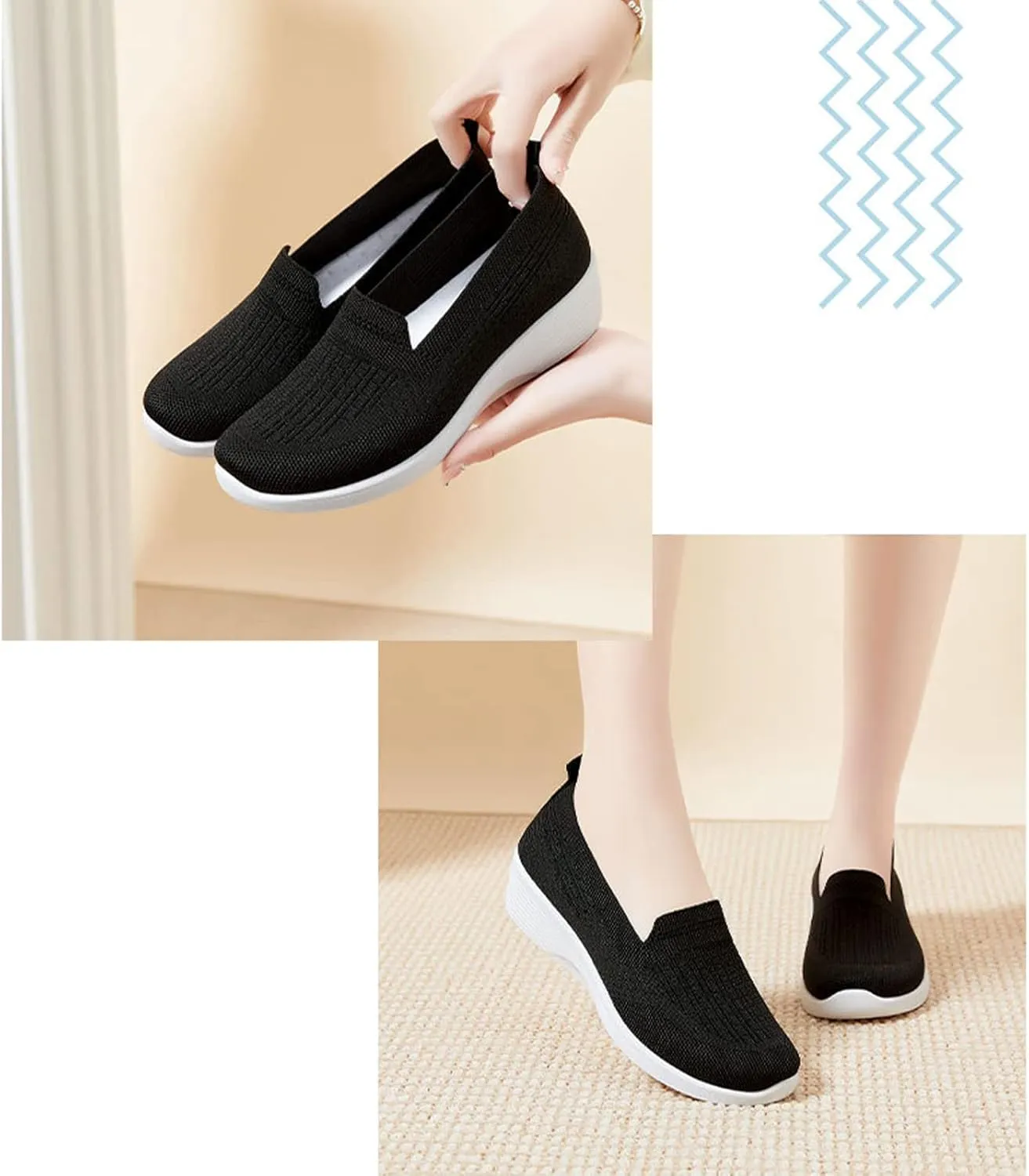 Crepuscute Women's Knitted Mesh Round Toe Low Wedge Loafers Slip On Lightweight Thicken Memory Foam Shoes Comfortable Non-Slip Soft Bottom Casual Walking Shoes